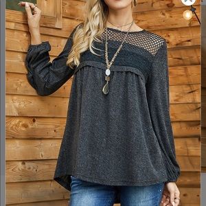 Charcoal Lace-Yoke Bishop-Sleeve Tunic